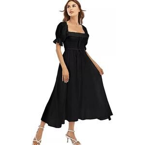 NWT R. Yiposha Black Cotton Square Neck Ruffled Sleeve Midi Dress Size Large